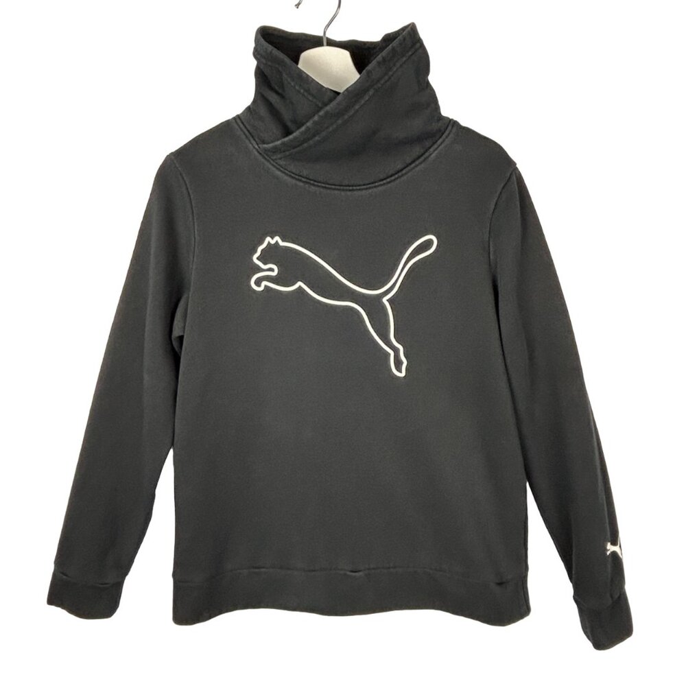 Puma Sweatshirt Women Medium Black Asymmetrical Cowl Neck Fleece Logo Pullover